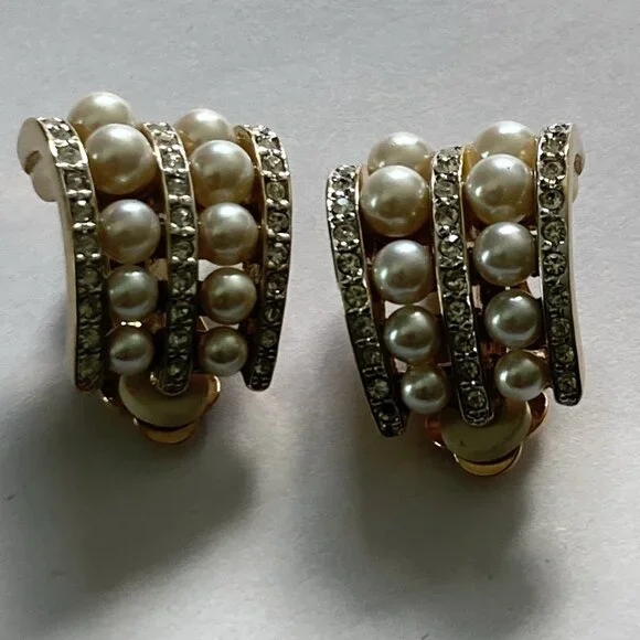 VTG Carolee Earrings Rhinestone Clip Statement Wedding Simulated Diamond Pearls - Picture 9 of 12